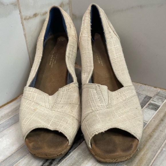 TOMS Stella Cork Wedge Sandals Womens Oatmeal Woven Open Toe Slip On Size 9 - Picture 3 of 15
